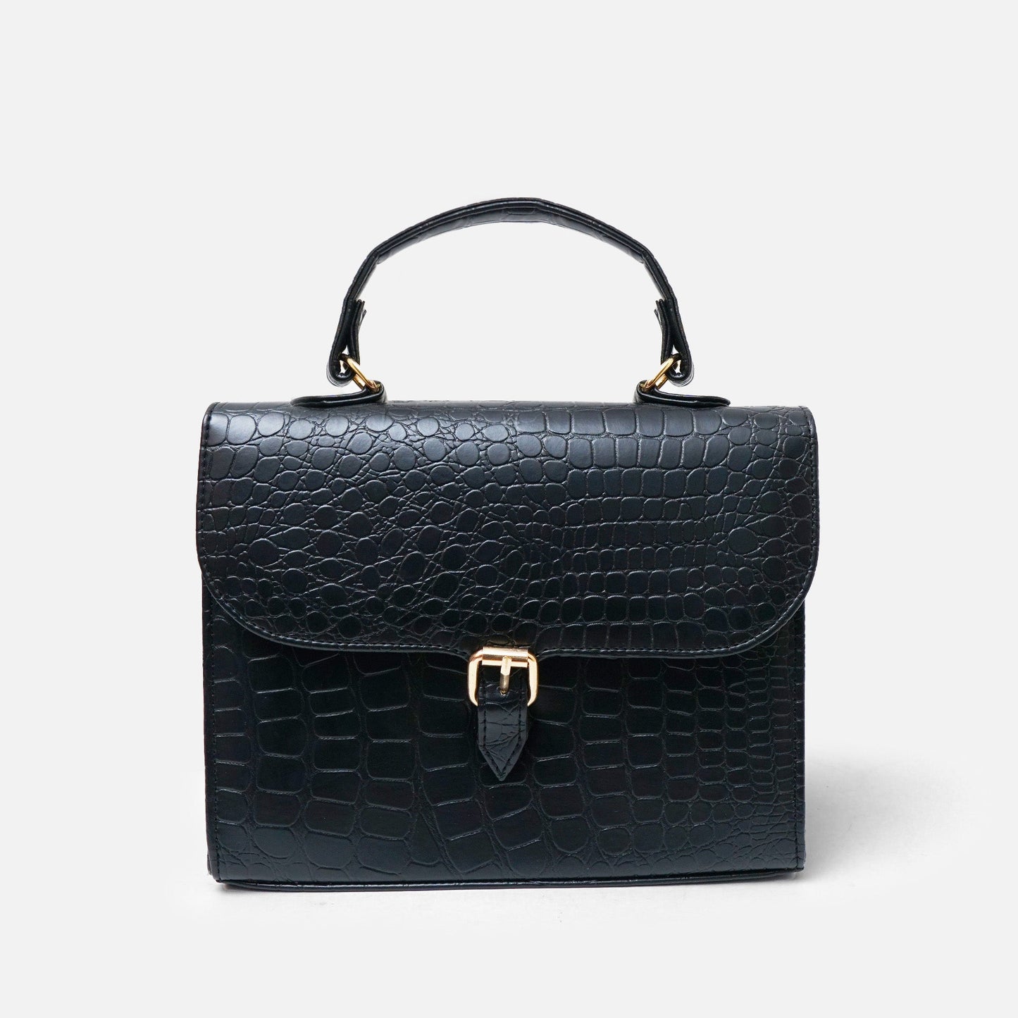 Croc-Embossed Black Leather Bag