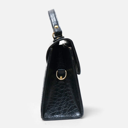 Croc-Embossed Black Leather Bag