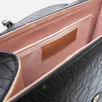 Croc-Embossed Black Leather Bag