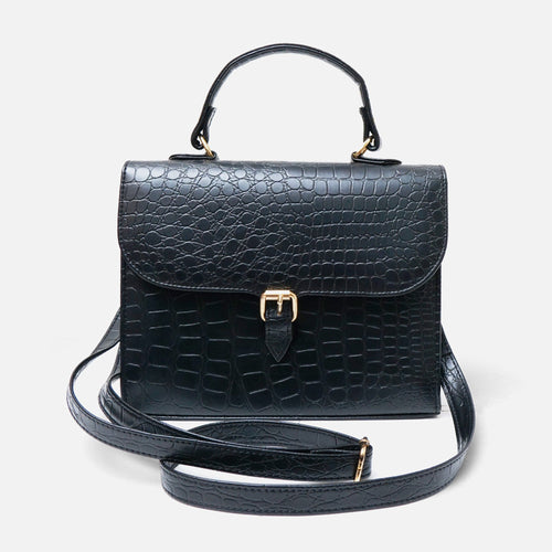 Croc-Embossed Black Leather Bag