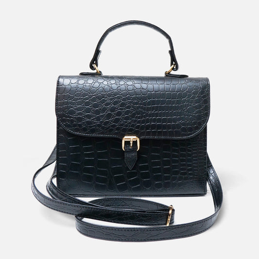 Croc-Embossed Black Leather Bag