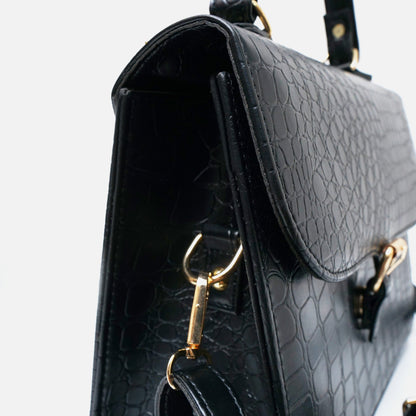 Croc-Embossed Black Leather Bag
