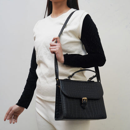 Croc-Embossed Black Leather Bag